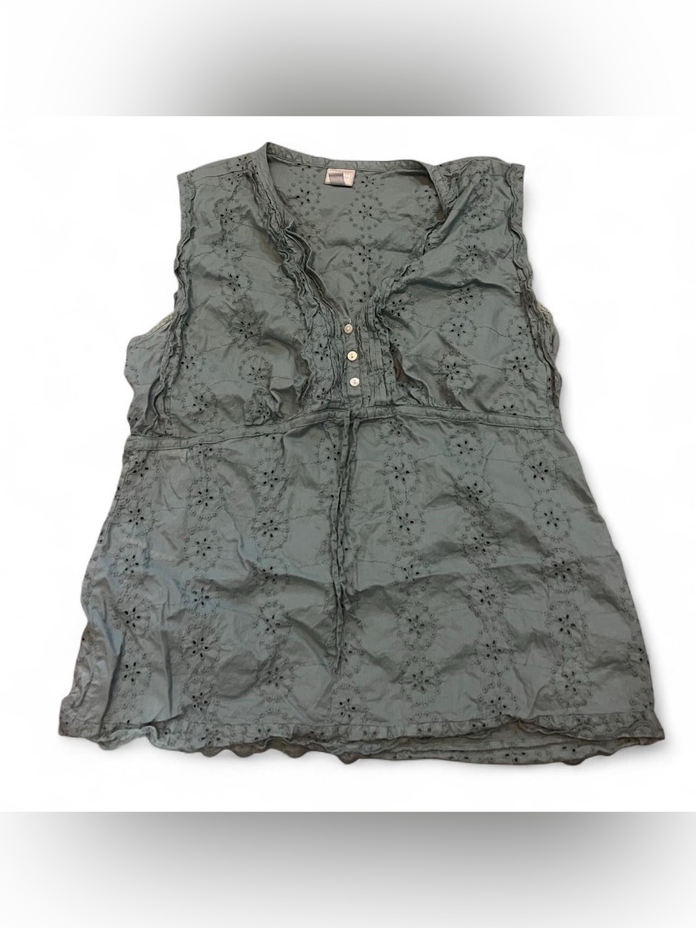 Y2K Converse Olive Eyelet Floral Embroidered Blouse Women’s XL Boho 100% Cotton
